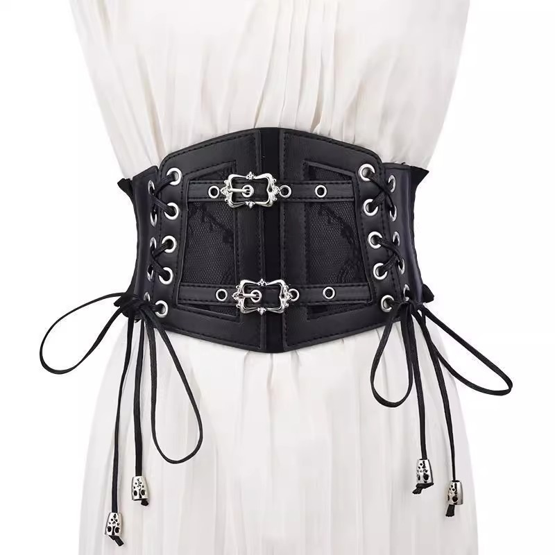 Popular~Vintage black lace-up leather waist belt for women, fashionable outerwear, elastic waist cin