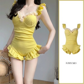 Đồ Bơi Nữ Liền Thân Màu Vàng Cao Cấp Phối Bèo Ngực Tay Cánh Tiên Quần Váy Tôn Dáng Đi Biển Hồ Bơi Hot Trend 2026