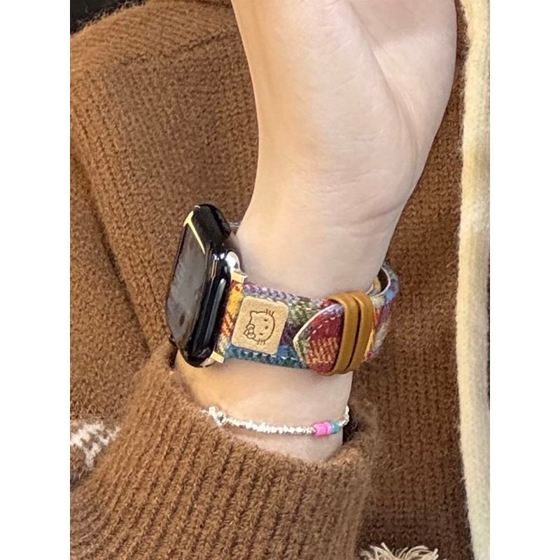 Thích hợp cho watch10 / 9 Dây đeo mùa thu đông Len cầu vồng kẻ sọc KT Cat Apple Watch87654321C