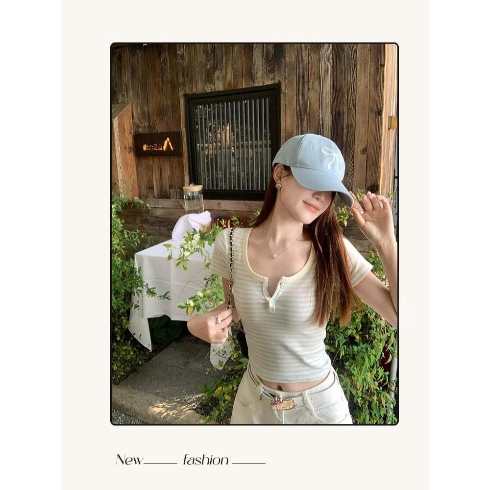 [BiGirls] Áo Thun Nữ Ngắn Tay, Cổ Trụ Tròn, Sọc kẻ ngang phối màu xanh dương, chất 92% cotton +8% Spandex  B013 | BigBuy360 - bigbuy360.vn