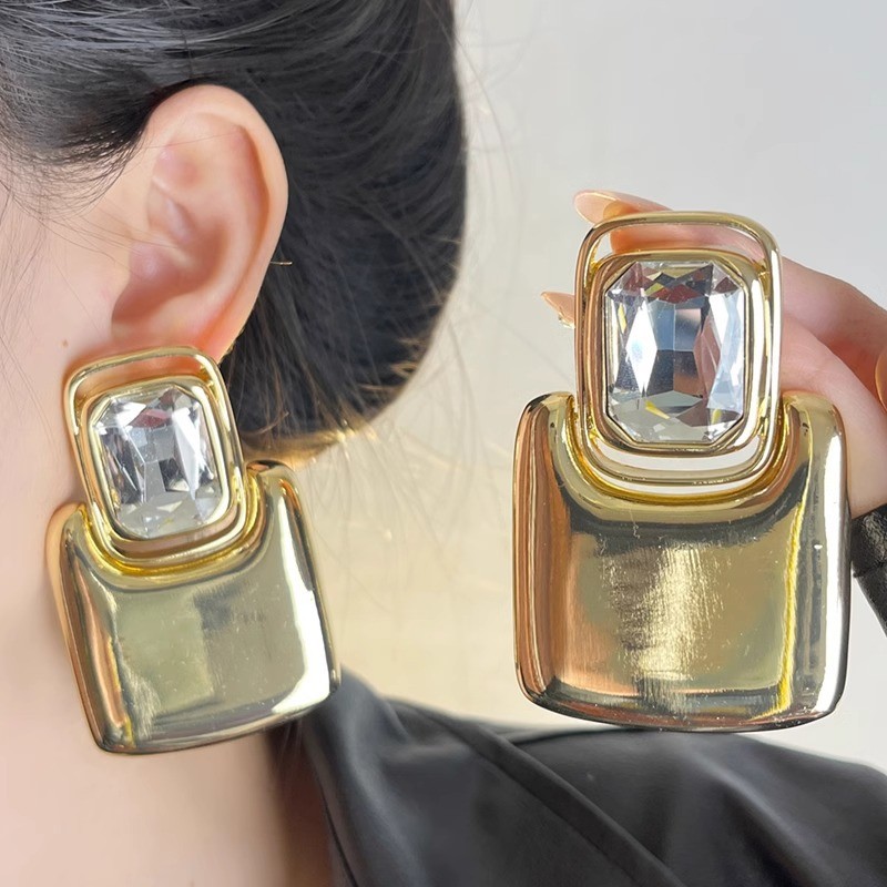 Mirror-finish metal large square crystal earrings, vintage unique ear accessories