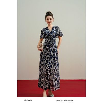 Đầm chiffon HT tím than xếp nhún eo thiết kế Elise FS2503220DIWONV