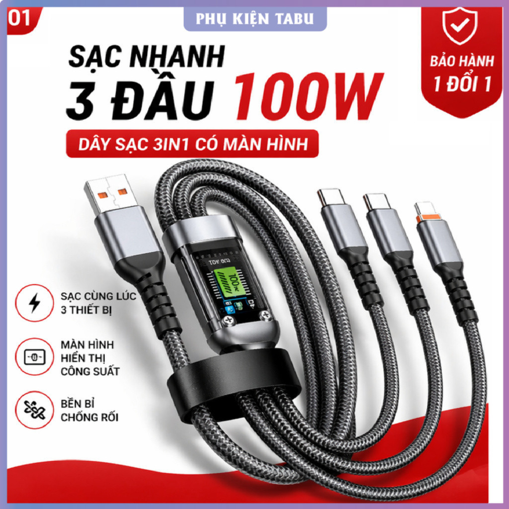 Cáp Sạc 3 Đầu 3in1 100W Có Màn Hình - Sạc Nhanh, Bền, Không Rối - Sạc 3 Thiết Bị Cùng Lúc