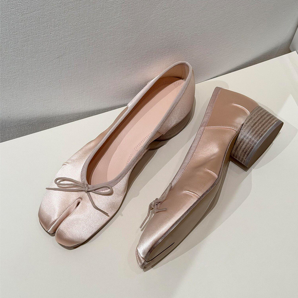 Sheepskin Version~Ballet Style tabi Women's Bowknot Shallow-Heel Silk Satin Chunky Heel Split-Toe Sh