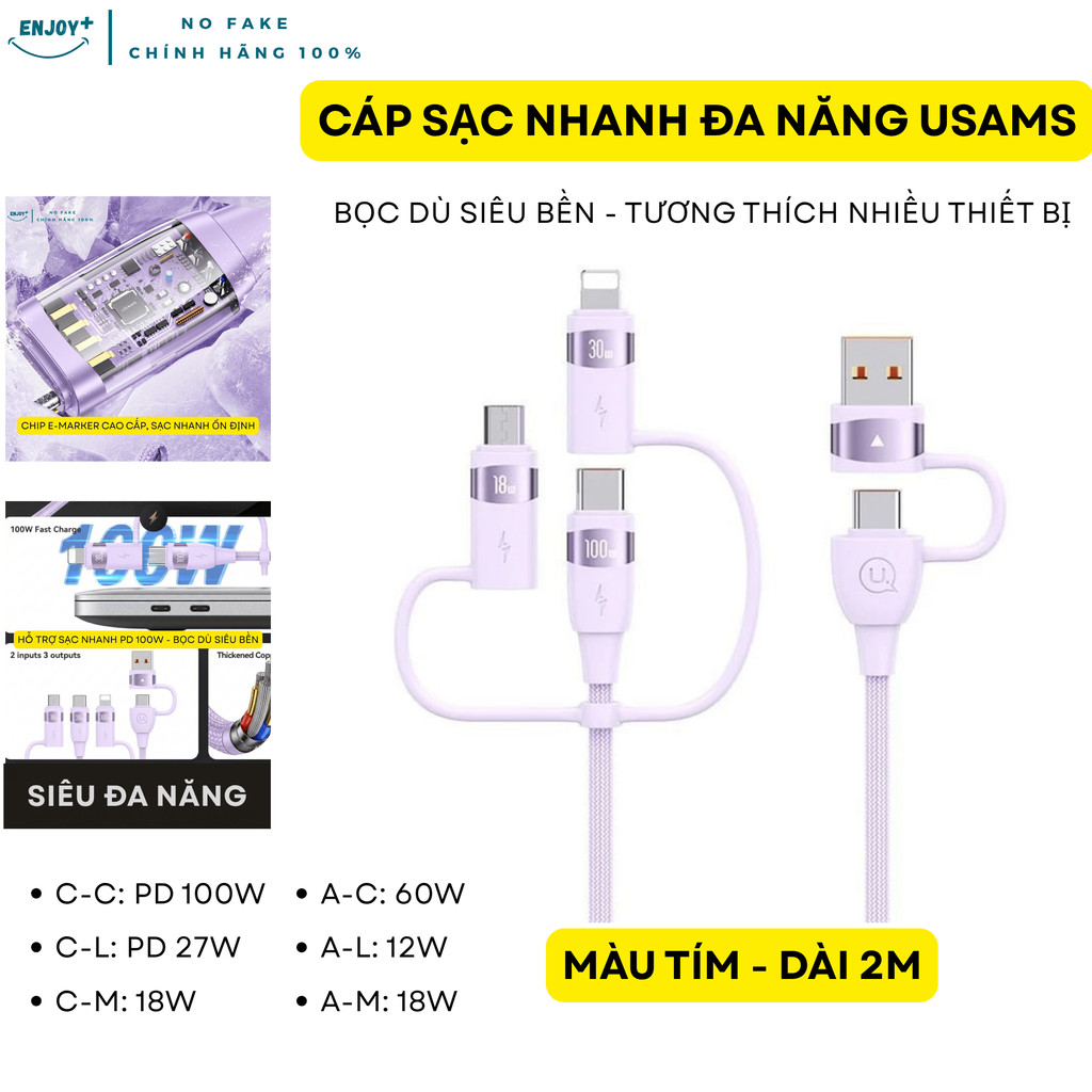 Dây cáp sạc nhanh USAMS PD100W 27W 6-in-1 USB lP type C/truyền dữ liệu Đa Năng Bọc Dù - ENJOYPLUS