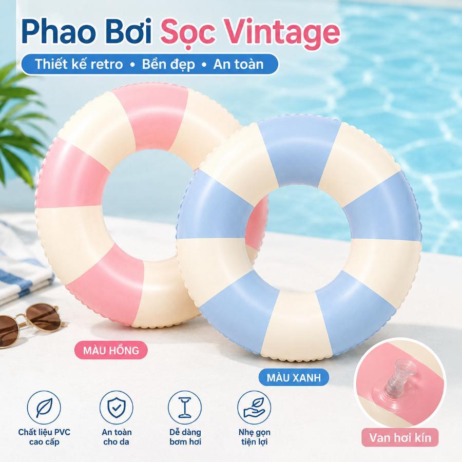Phao Bơi Biển Tròn Vintage Sọc Xanh Kem, Phao Bơi Cứu Hộ Float Bơi Check-in Hồ Bơi Biển Hè COD