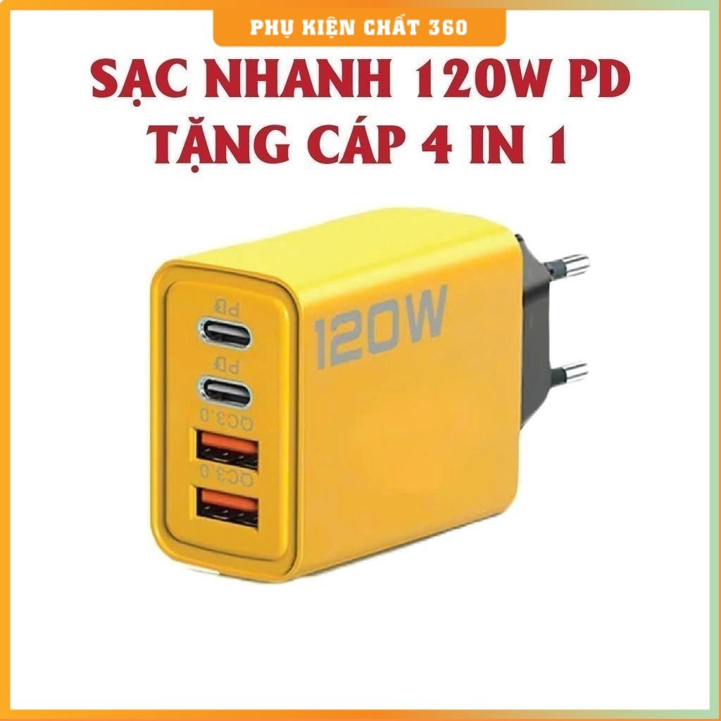 Cốc sạc 4 cổng, 120W gồm: 2 cổng Type C + 2 cổng USB - Củ sạc 120W, Bộ sạc USB Type C 4 cổng, Bộ sạc