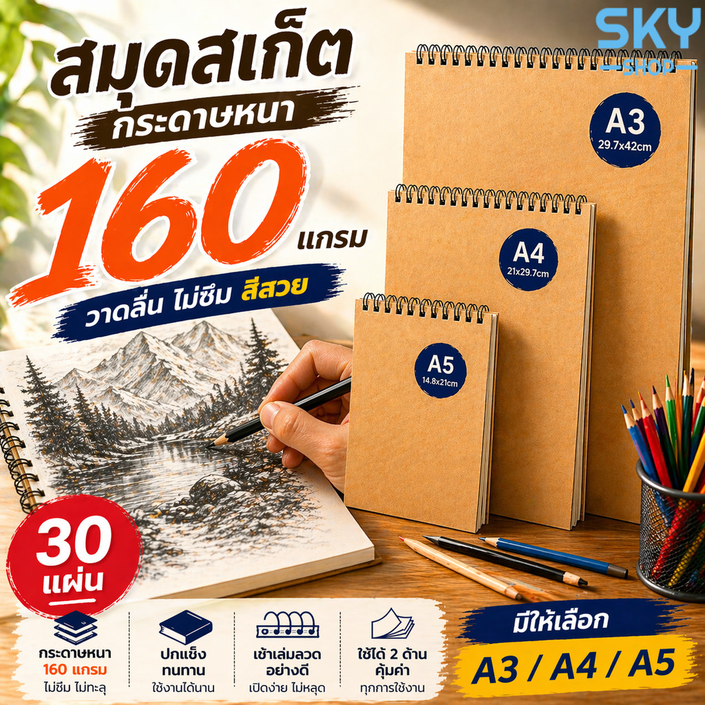 SKY A3 A4 A5 Sketchbook 160 Gram Giấy dày 30 tờ Bìa cứng Vẽ mượt mà Không thấm nước Có thể sử dụng ở