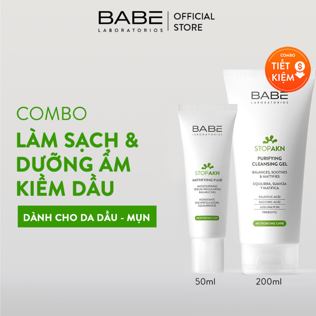 Bộ đôi Làm Sạch Và Dưỡng Ẩm Kiềm Dầu BABE Stop AKN Purifying Cleansing Gel + Mattifying Fluid 50ml | BigBuy360 - bigbuy360.vn