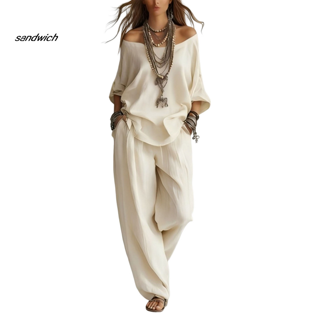 SAND Bộ Đôi Cho Nữ, Chất Liệu Thoáng Mát,Style Boho với Áo Off-Shoulder và Quần Ống Rộng, Tiện Lợi M