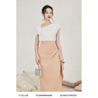 Áo sơ mi cát kem nhún vai thiết kế Elise ES2409113TNWOCR