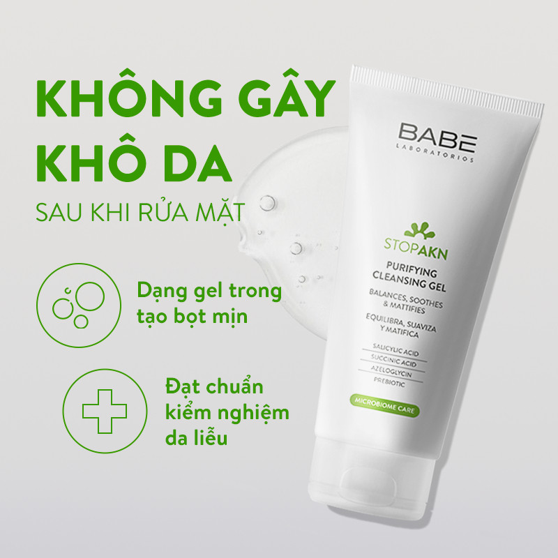 Sữa rửa mặt BABE Stop AKN Purifying Cleansing gel cho da dầu mụn 200ml | BigBuy360 - bigbuy360.vn