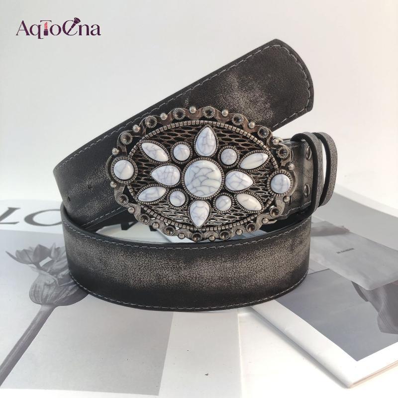 AqToCna Vintage Đá Trắng Bule Thắt Lưng Khắc Hoa Thắt Lưng Da Nổi Boho Thắt Lưng Phương Tây Quần Jea