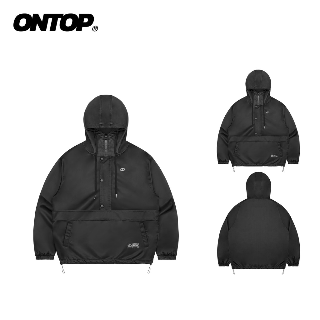 Áo khoác anorak vải dù 2 lớp ONTOP chống nước có mũ chống nắng kèm dây rút Half-Snap Hoodie Jacket |