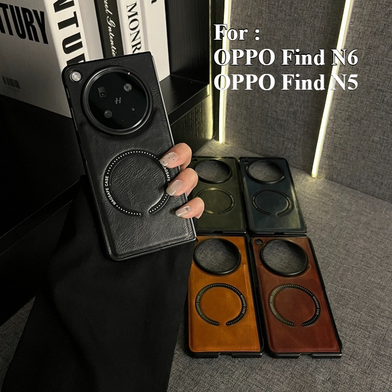 Từ Tính Chống Sốc Cứng Cho OPPO Find N6 N5 Retro Da Họa Tiết Sạc Không Dây Lật Ốp Lưng Điện Thoại OP