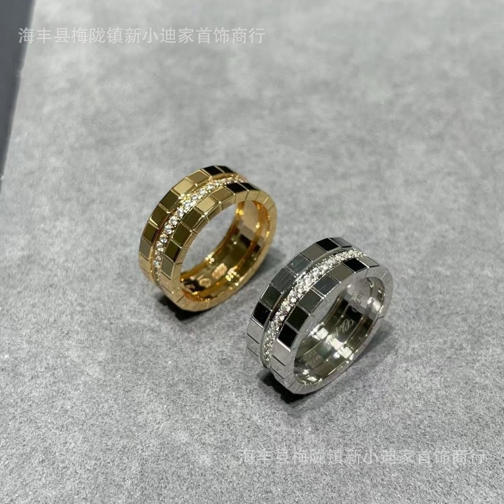 V Gold ice cube ring with thick gold plating CNC Wide diamond-encrusted hollow stacked rings