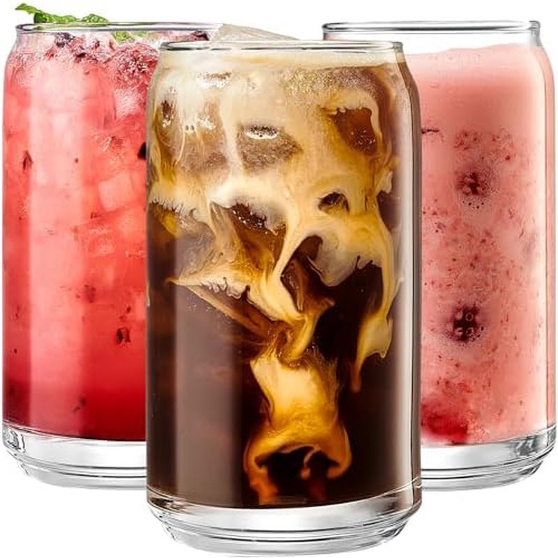 Le'raze Set of 6 Patented Can Shaped® Drinking Glasses - 16oz Clear Goblet Glass Cups for Margarita,