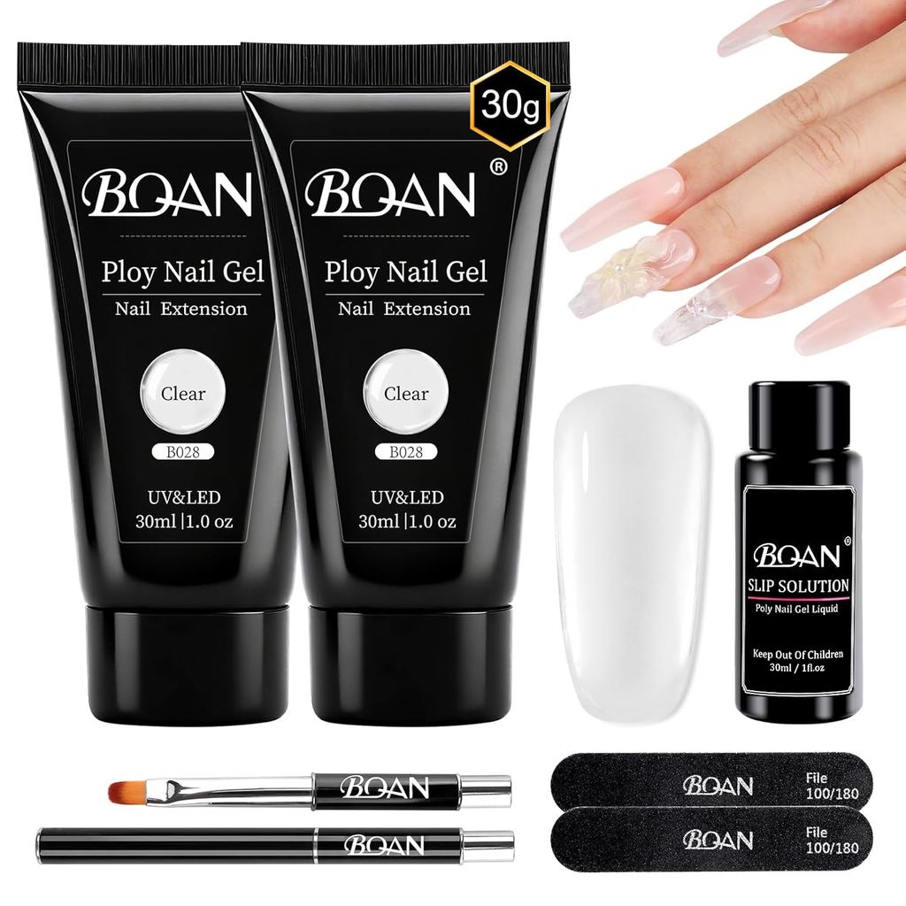 Gel Móng Tay BQAN Poly, 2 Gel Nối Dài Poly Trong Suốt (30ml) Có Dung Dịch & Bàn Chải Trượt, Dành Cho
