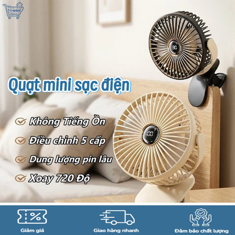 HomeyShop-quạt tích điện mini xoay 720 độ không tiếng ồn 5 cấp gió pin lâu đèn ngủ kẹp chắc phòng ng