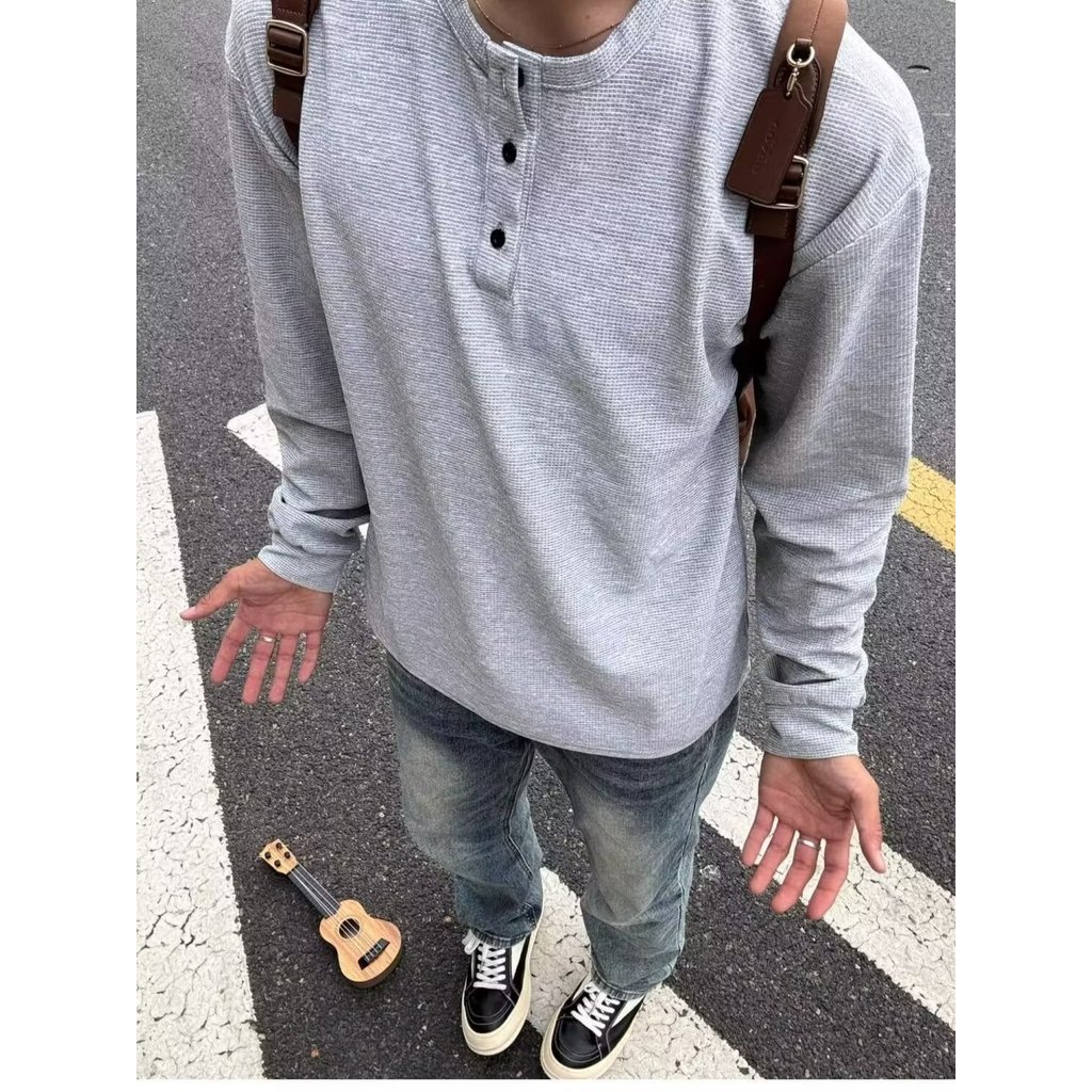 Áo Thun Nam Cổ Henley Waffle, Thiết Kế Dài Tay, Phù Hợp Mùa Xuân Thu