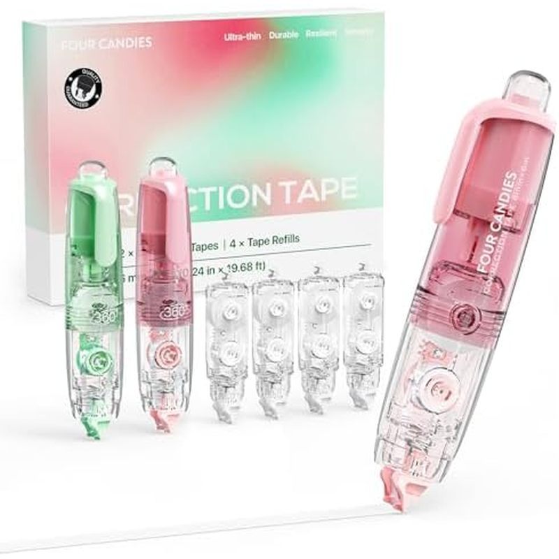 Four Candies Refillable Retractable White Correction Tape, 2PCS White Cute Smooth Push Pull Out Tape
