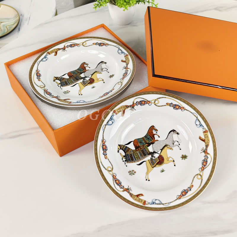 Ouge Household Ceramic Plate with Horse Pattern, Soup Plate, High-end Hotel Restaurant Plate, Gift B