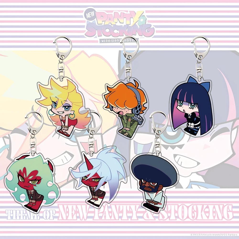 Móc khóa mica Acrylic anime Panty & Stocking with Garterbelt hình Chibi Panty Stocking Scanty Kneeso