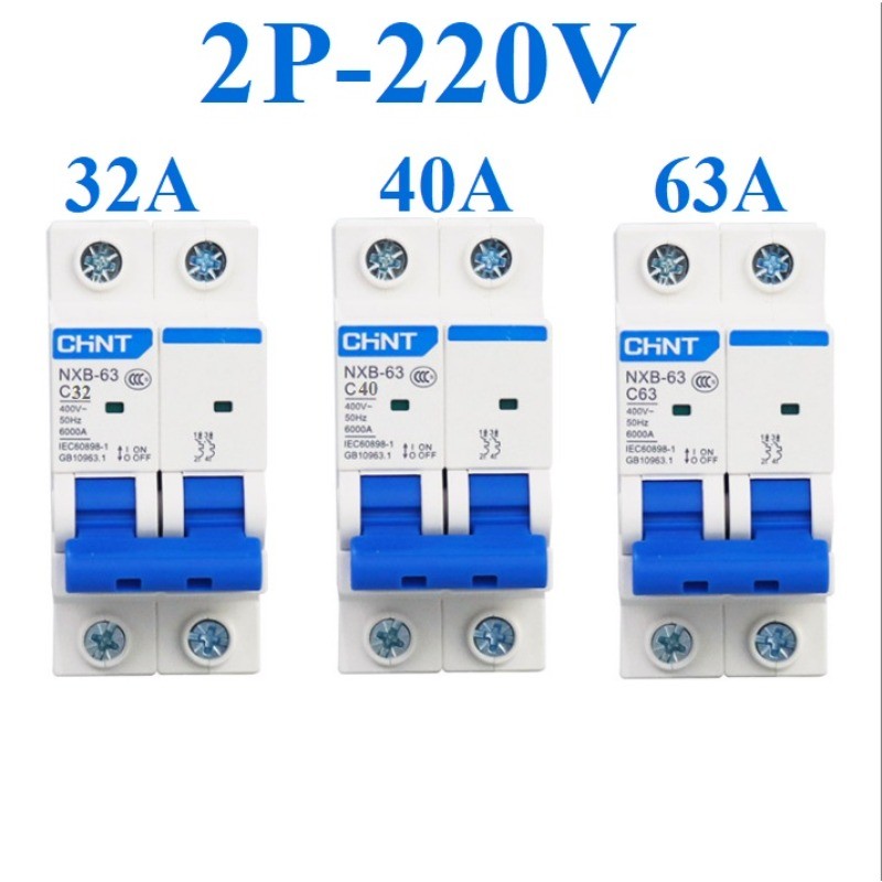 Aptomat 2P 220V CHINT 32A 40A 63A bảo vệ chống quá tải ngắn mạch HÀNG CHÍNH HÃNG át cài ray mcb 2p 6