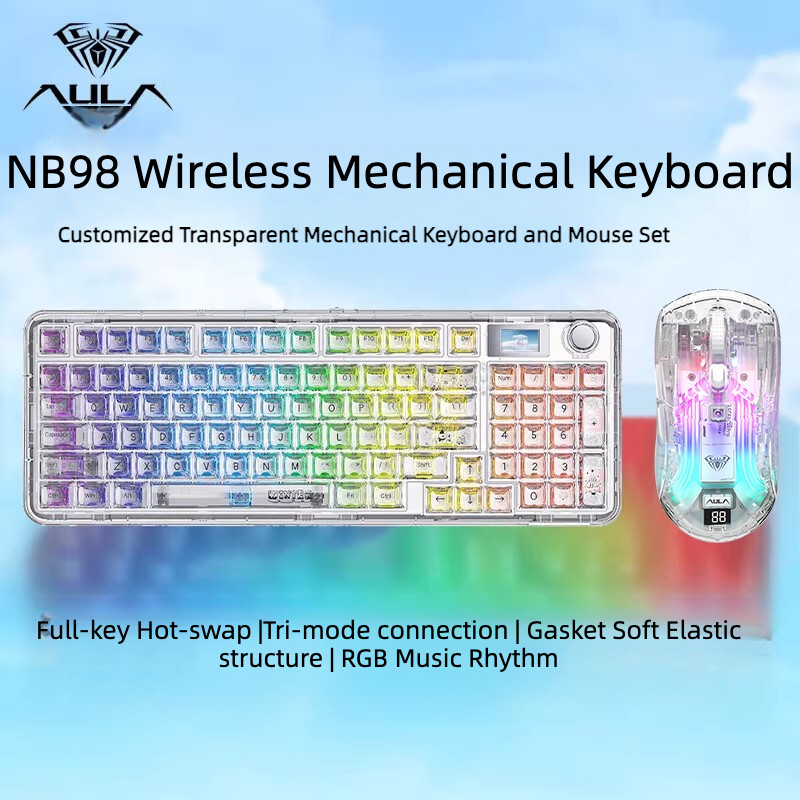 AULA NB98 Màn hình hiển thị bàn phím cơ trong suốt không dây Ba chế độ Đèn RGB trong suốt tùy chỉnh 