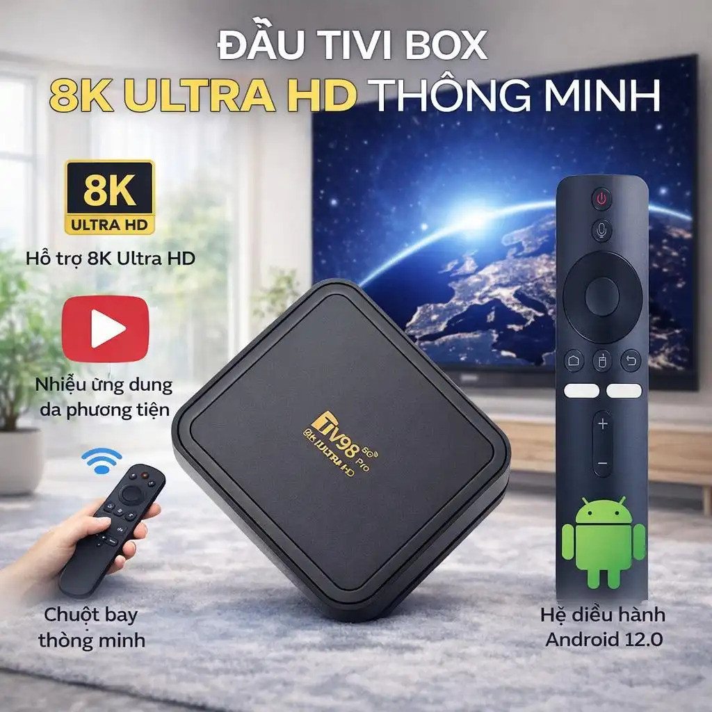 Tivi Box Smart TV Box Android TV Box TV98 Pro H313 Android 14 4K hỗ trợ WiFi kết nối Bluetooth điều 