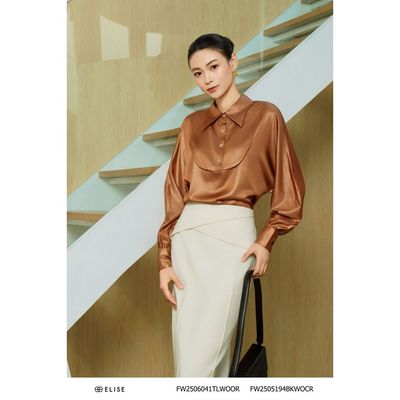 Áo sơ mi sạn nhũ cam nâu cổ đức thiết kế Elise mã FW2506041TLWOOR