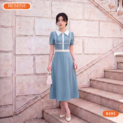 Đầm thiết kế BEMINE cổ đức đính cúc dáng chữ A phù hợp đi làm, đi chơi-B495