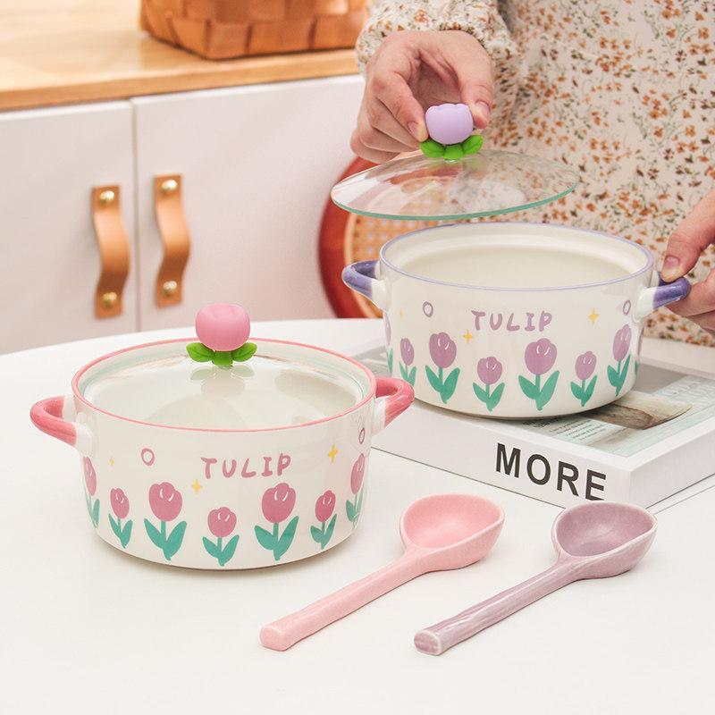 Tulip Đôi Tai Mì Ăn Liền Bát Có Nắp ins Phong Cách Gốm Bộ Đồ Ăn Sinh Viên Ký Túc Xá Ăn Liền Bát Mì T