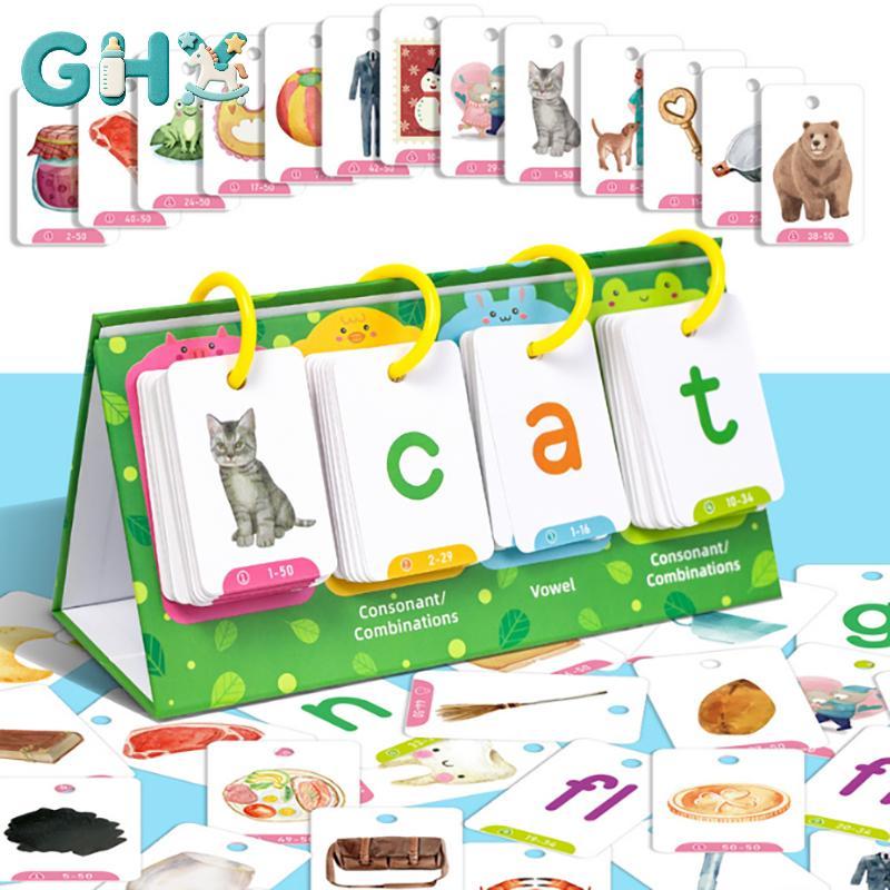 GHX Kids CVC Words Flashcards Phonics Flip Chart Word Builder Sight Words Công cụ học tập Âm ngữ Trị