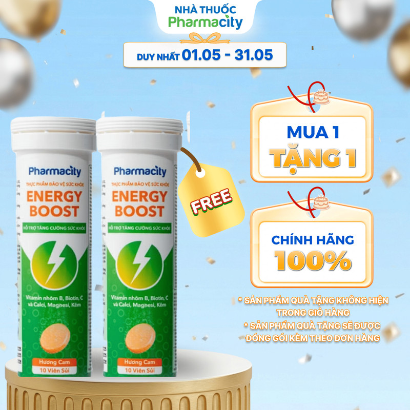 Viên sủi Pharmacity Energy Boost hương cam hỗ trợ tăng cường sức khỏe (Tuýp 10 viên)