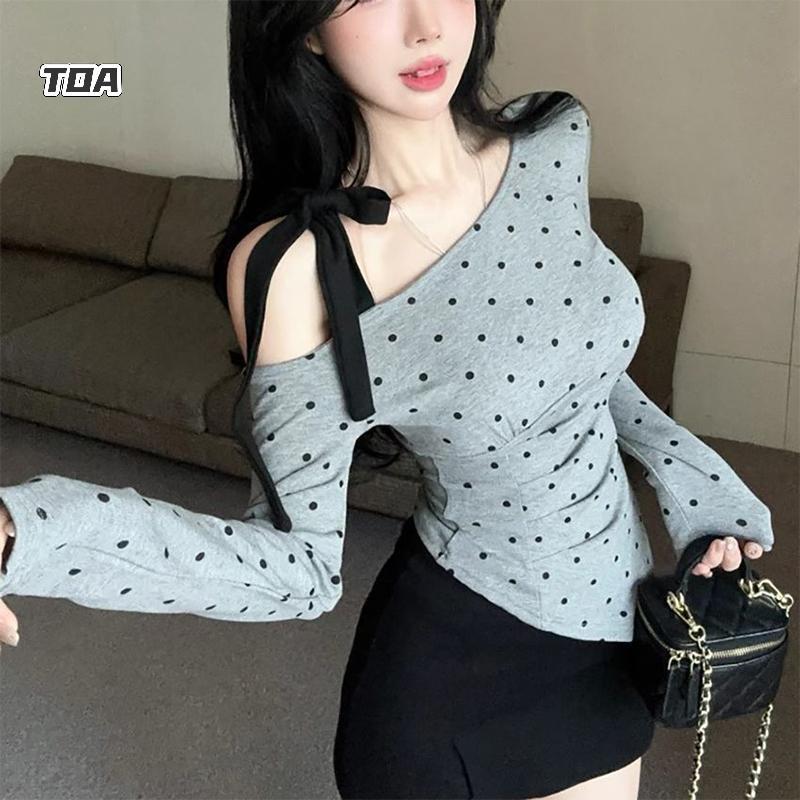 TOA Hot Girl Off-The-Shoulder Slim Fit Off-The-Shoulder Chấm Bi Dài Tay Áo Thun Nữ VN