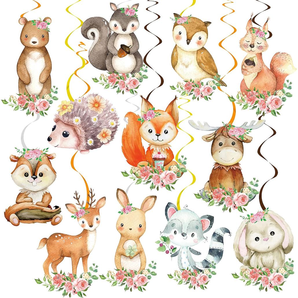 Woodland Trang Trí Tiệc 20 Chiếc Rừng Động Vật Treo Xoắn Động Vật Rừng Lá Trang Trí Trần Cho Chủ Đề 