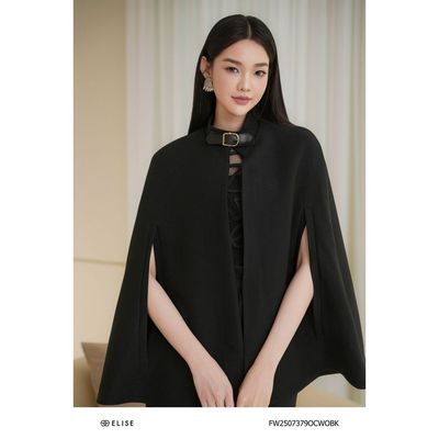 Áo choàng dạ đen Pk đai cổ thiết kế Elise mã FW2507379OCWOBK
