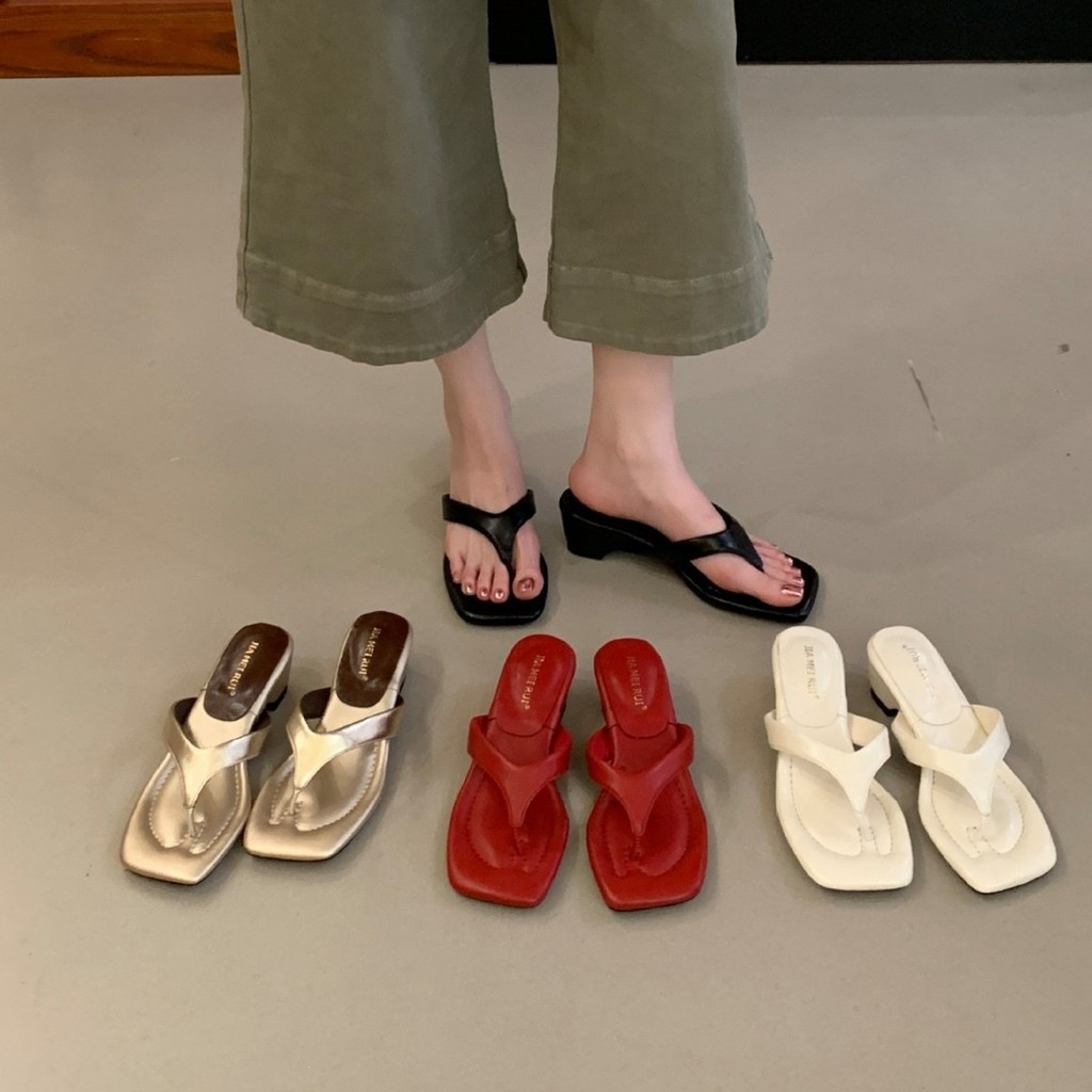 [Lamode] Giày Nữ Thời Trang Retro Thời Trang Flip-Flops Nữ 100 Váy Phù Hợp Với Mũi Vuông Dày Gót Châ
