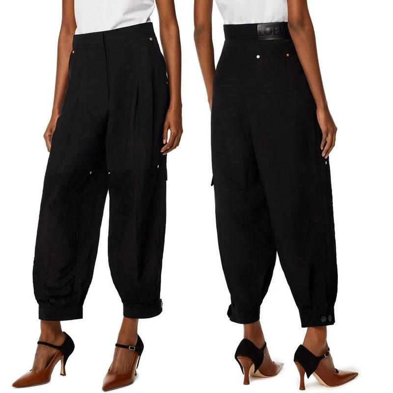 STE4 Low Black patchwork cotton tapered pants with pleated harem casual design and high-waisted air 