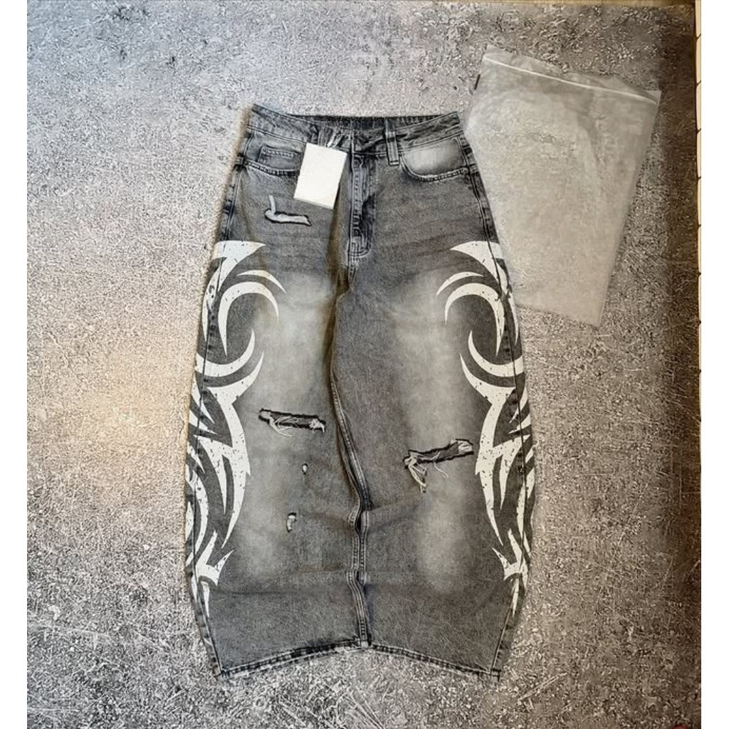 Quần jean rách vintage Y2K nữ baggy màu xám bông tai kẹp, phù hợp dạo phố