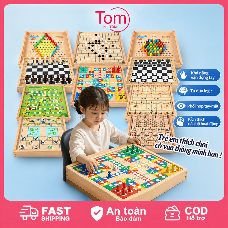 Bộ cờ đa năng 11 trong 1-Bàn cờ Thông Minh Montessori cờ tướng cờ vua cờ vây cờ cá nhảy bàn gỗ thông