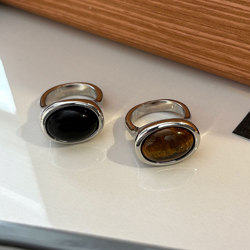Natural Tiger Eye Gemstone Black Agate Maillard Lucky Money Index Finger Ring for Women, High-End De