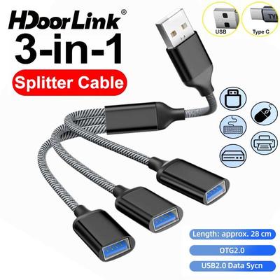Cáp chia HdoorLink 3in1 USB / Type C Nam sang USB 2.0 Dây nối dài nữ để sạc / truyền dữ liệu Hub cổng USB