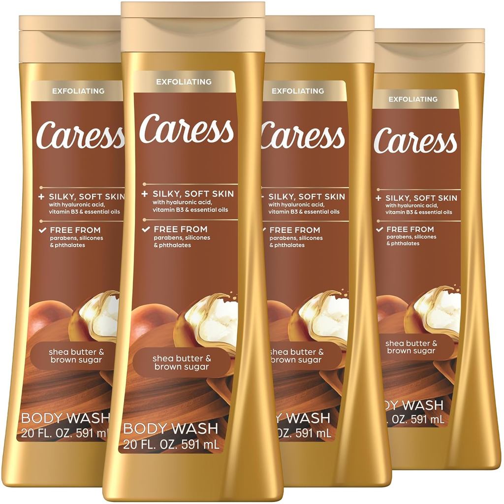 Sữa tắm Caress dành cho nữ, Bơ hạt mỡ & Đường nâu, Sữa tắm dưỡng ẩm và tẩy tế bào chết cho làn da rạ