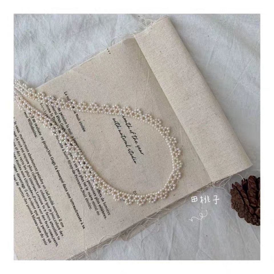#田桃子* * Original Heavy Industry Hand-Woven Super Bright Rice Grain Pearl Lace Feel Clavicle Choker C