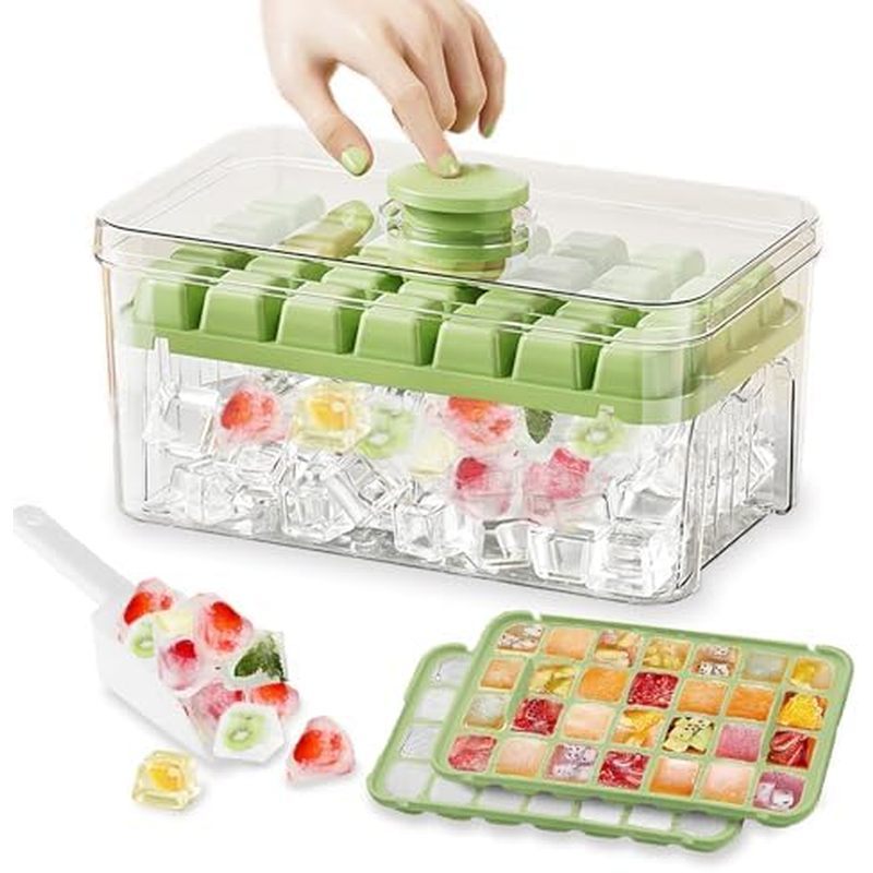 Easy Release Ice Cube Tray with Lid, Bin and Ice Scoop,2 Pack Plastic Ice Cube Tray, Ice Trays for f