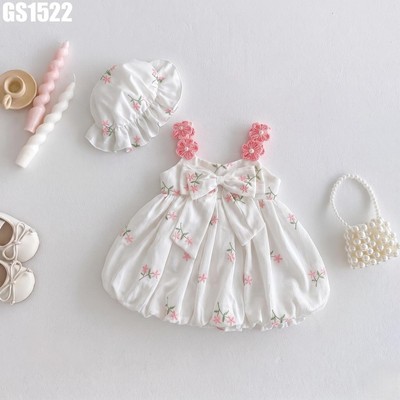 Váy Thêu Hoa Cho Bé Gái Sơ Sinh 1 2 Tuổi Kèm Mũ Dây Móc Crochet Nơ Eo MINTSCLOSET GS1522