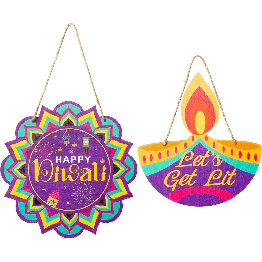 Haooryx Diwali Gỗ Treo Dấu Hiệu Cửa - 2 Cái Happy Diwali Dấu Hiệu Mảng Bám Có Dây Treo Lễ Hội Ấn Độ 