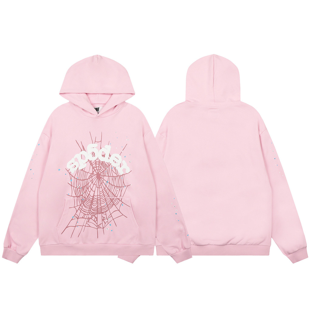 Sp5der 555555 Áo hoodie Foam Star Spider Web In chữ Áo hoodie màu hồng rộng